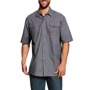 Ariat Rebar Made Tough Men Strong Steel Gray Short Sleeve Button MEDIUM NWT $50